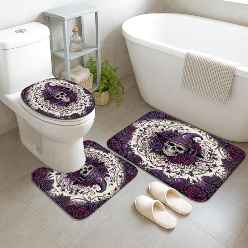 Rideau de douche tête de mort polyester violet imprimé roses 183cm - 4
