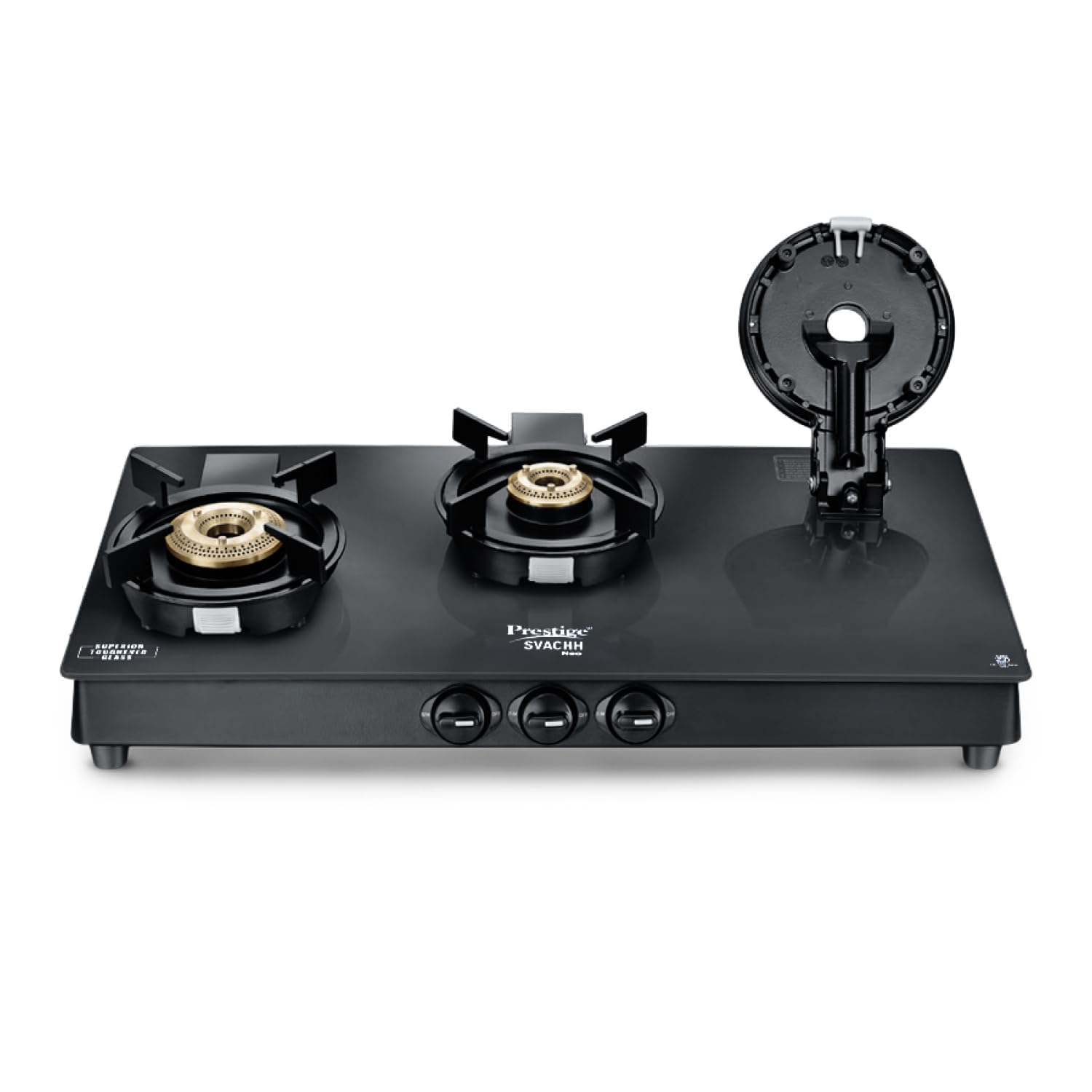 Prestige Svachh Neo 3 Burner Gas Stove | Easy Clean Design-3 Liftable Burners | Toughened Glass Top | Tri-Pin Brass Burners | 1 Jumbo Burner | Ergonomic Knob | Black | 5Y Glass Warranty |ISI Certified
