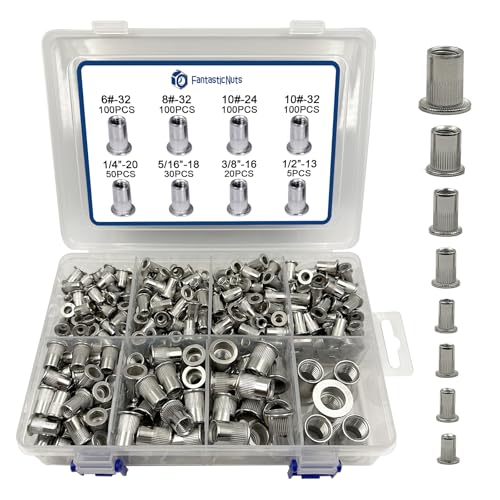 SAE Rivet Nut Assortment Kit 505Pcs 6-32 8-32 10-24,1/4-20, 3/8-16, 5/16-18,1/2-13 304 Stainless Steel Flat Head Threaded Rivet Insert Rivet Nuts