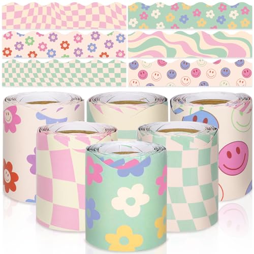 Image of Whaline 196.8 Ft Pastel Boho Bulletin Board Borders Daisy Flower Checkered Groovy Die-Cut Rolled Board Trim for Back to School Classroom Office Chalkboard, 6 Rolls