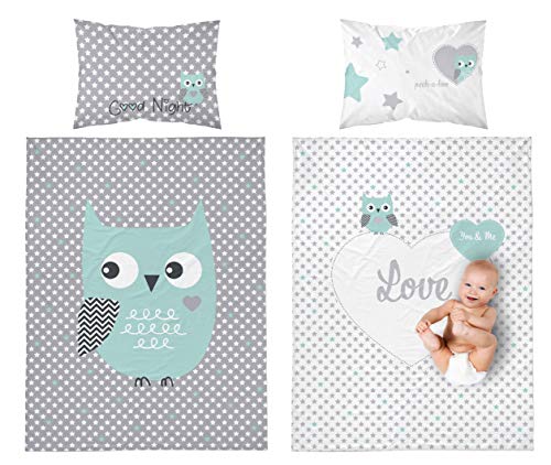 Parure de lit Réversible Bébé Hibou 100% Coton - Housse de Couette 100x135 cm + Taie d'Oreiller 40x60 cm