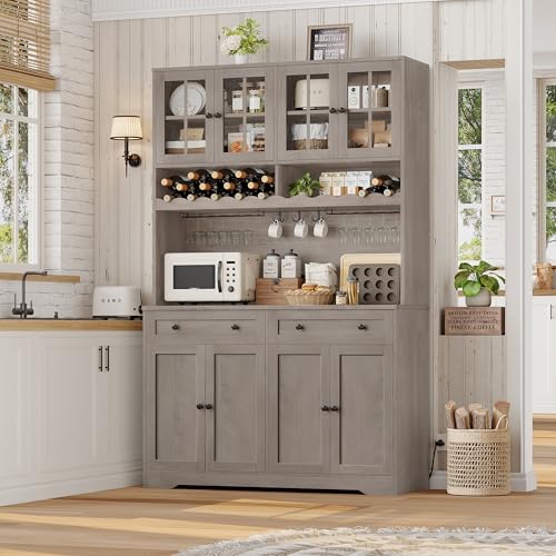 Image of HOSTACK 75.4 inch Tall Kitchen Pantry Cabinet with Charging Station, Modern White Kitchen Hutch with Microwave Stand and Wine Rack, Large Food Pantry Storage Cabinet with Glass Doors and Drawers, Ash Gray