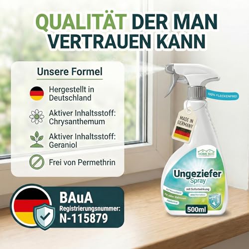 HomeBugProtect Insektenspray & Ungezieferspray 500ml - effektives insektenspray für innenräume & Wohnung - Hilft auch als Spinnespray, Fliegenspray, Fruchtfliegen Spray, UVM.
