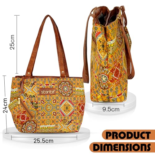 Image of Storite Women's Tote Bag with Leather Handles & Embroidery Printed Handbag with Zip Pockets, Shoulder Tote Bag and Handbag for Office and College