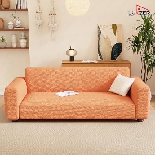 Image of Lukzer 3 Seater Pastel Orange Grid Maze Pattern Sofa Cover | 240 GSM Universal Stretch Fit Jacquard Fabric Couch Protector | Fully Covered Anti Slip & Washable Sofa Cover (180-230cm /SC-106-03)