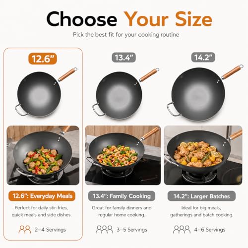Image of WANGYUANJI 12.6 Inch Carbon Steel Wok with Lid, Flat Bottom Wok Pan for Induction, Electric and Gas Stoves, Uncoated Chinese Stir Fry Pan with Wooden Handle