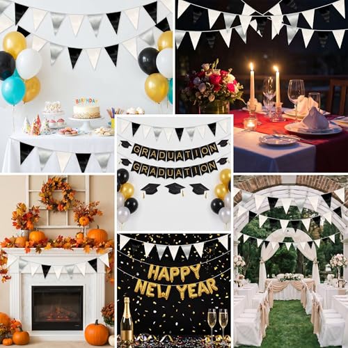 Image of 130FT Black White Silver Triangle Pennant Banner Flag Metallic Fabric Bunting Garland for Christmas Graduation Birthday Wedding Bridal Shower Nautical Ahoy Achor Theme Party Decorations Supplies