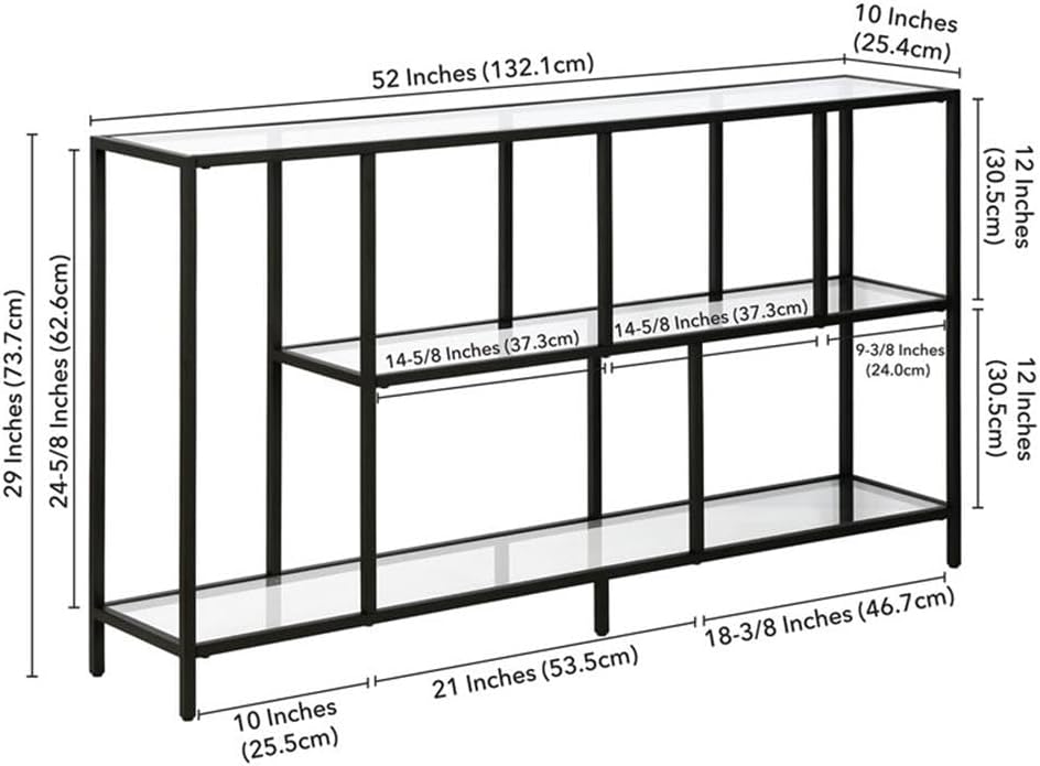 Pemberly Row Handcrafted Contemporary Console Table, 52" W x 10" D x 29" H, Tempered Glass and Metal Frame, Black Finish, Staggered Shelves, Minimalist Style for Living Room, Bedroom or Entryway Use