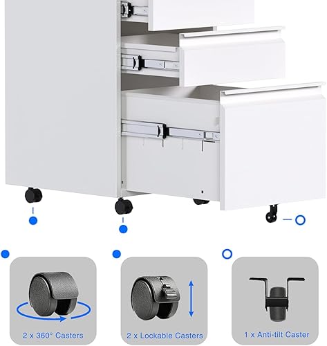 Miniatura 7 de Archivador móvil de 3 cajones con cerradura, archivador de metal debajo del escritorio para colgar archivos, tamaño cartalegalA4 para oficina en
