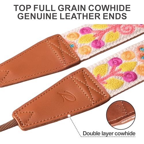 Image of Padwa Lifestyle Colorful Crochet Camera Strap - 2 inch Full Grain Leather Ends Camera Straps for Photographers, Vintage Woven Cotton Soft Suede Fabric Padded Strap with Quick Release fits All Cameras
