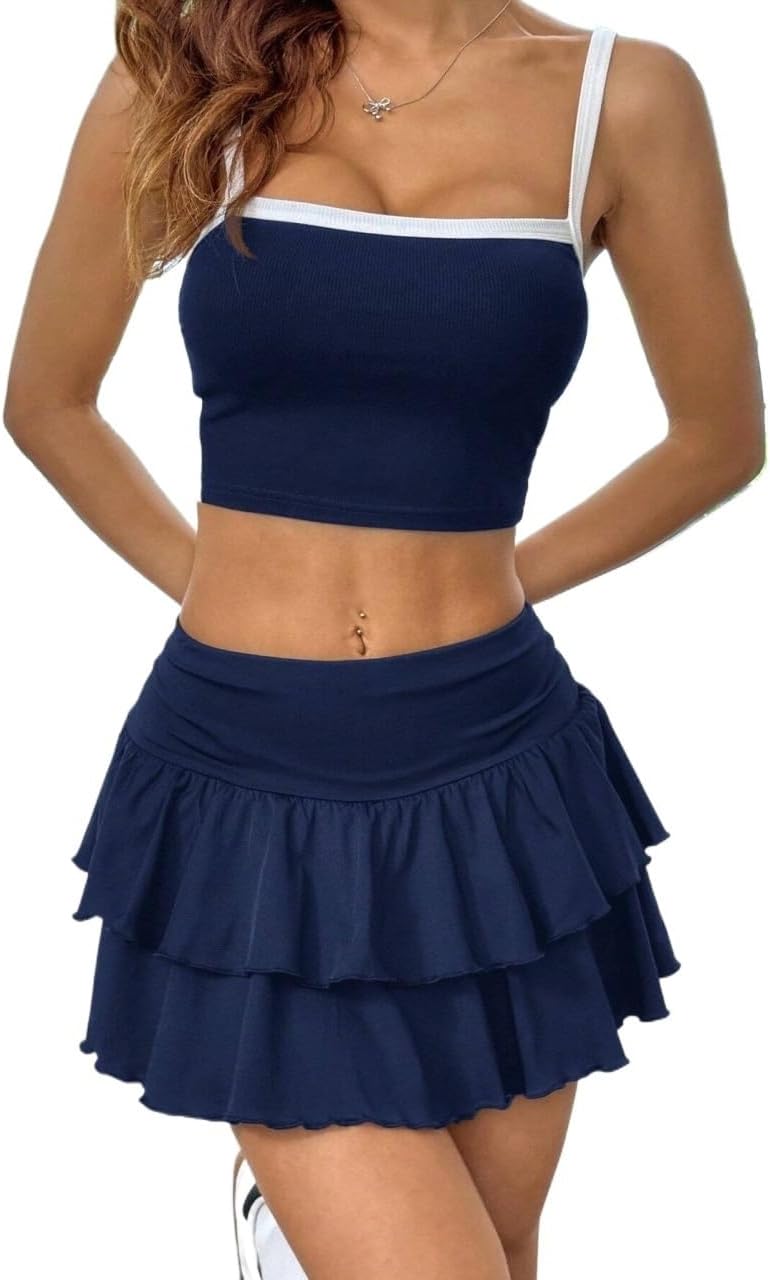 Women's Versatile Skirt Double Layer Ruffle Hem A-Line for Summer Tennis Skirt Set