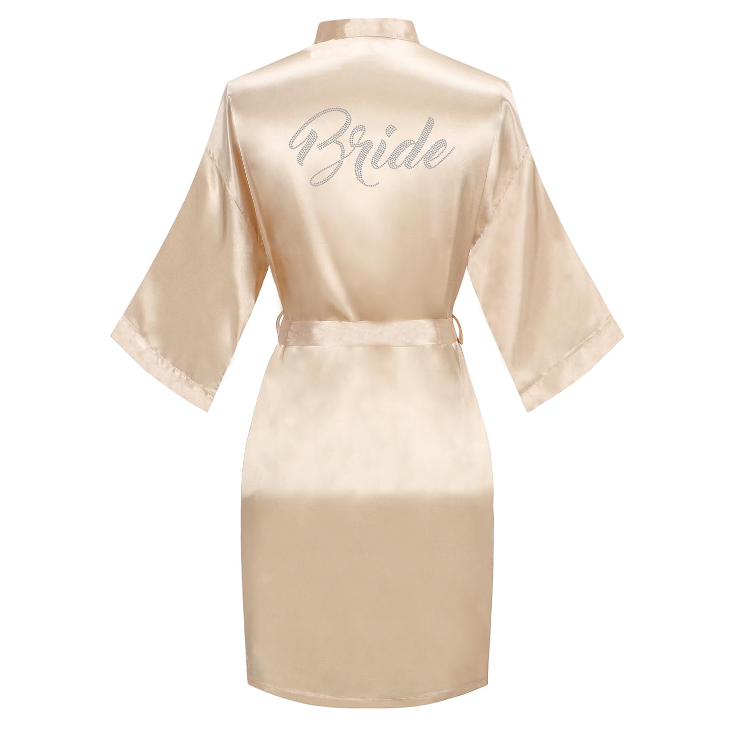 Women's Satin Robe Bride Bridesmaid Short Kimono Robes with Silver Rhinestones for Wedding Party Getting Ready