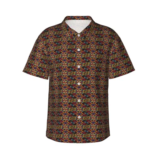 FBGHHTY Camisa hawaiana de manga corta con estampado de vidrieras de flores para hombre, verano, casual, vacaciones, playa, aventuras al aire libre, Negro, S