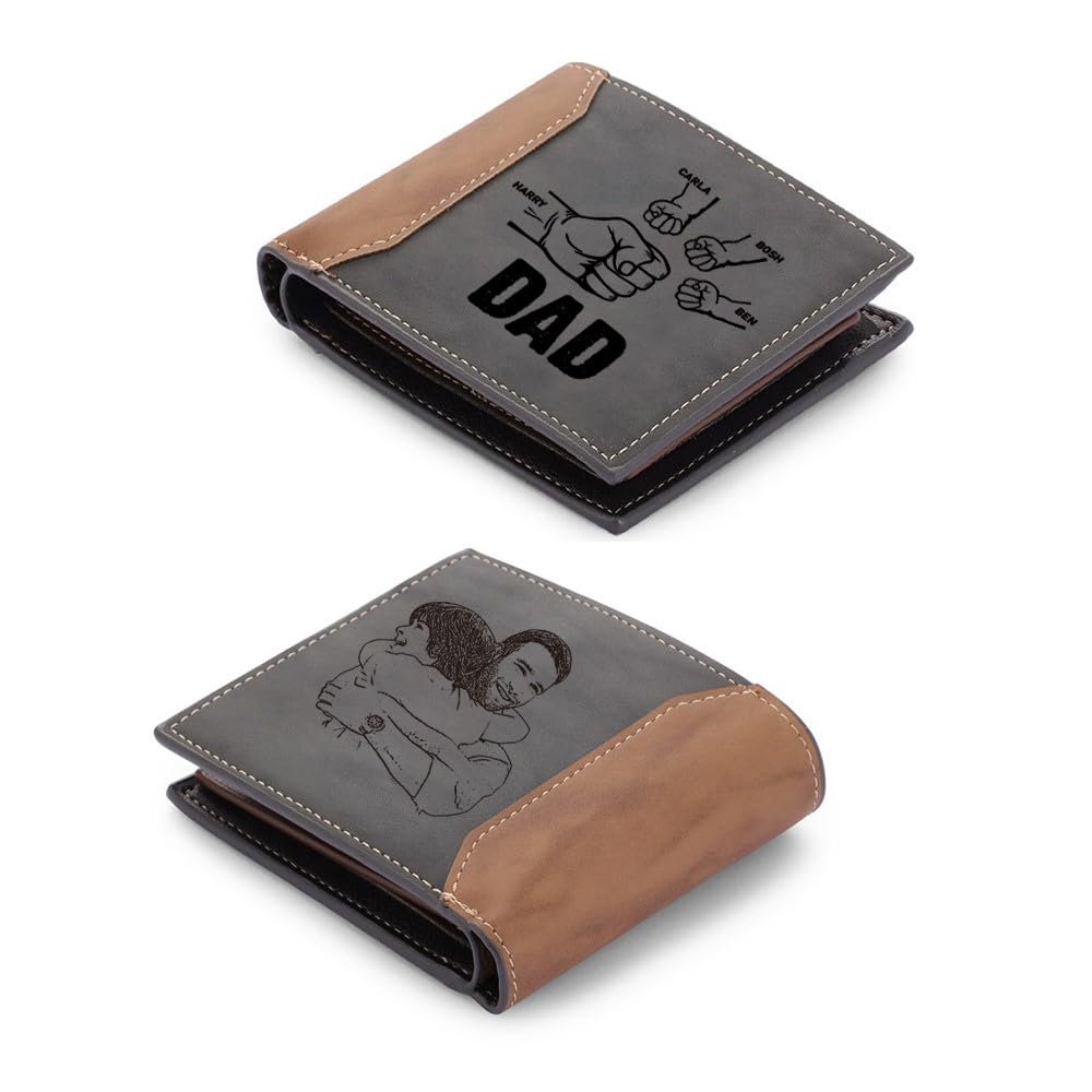 Bycuss Gifts for Fathers Day Personalized Wallets for Men Custom Photo Wallets for Dad Engraved Kids Names Leather Wallet Gifts for Dad from Daughter,