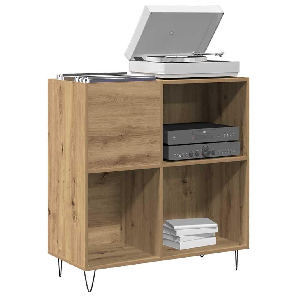 Armadietto per dischi in rovere Artisan con 4 ripiani, 85 x 38 x 89 cm, spazio per vinile, CD, DVD, supporti multimediali in soggiorno e ufficio, moderno in legno con gambe in metallo