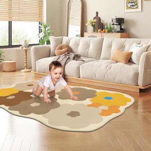 Tapete decorativo beige 3x5 con forma floral irregular miniatura 3