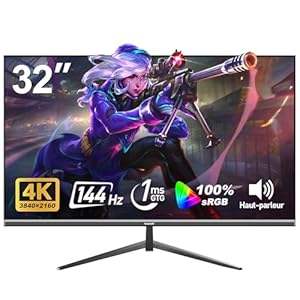 Gawfolk Écran PC IPS 32 pouces, moniteur jeu 4K 144Hz, 1ms, Adaptive Sync, 100%sRGB, Angle vision large 178, haut-parleur incorporé, HDMI2.1, DP 1.4, Compatible avec un montage mural 100*100mm-Noir