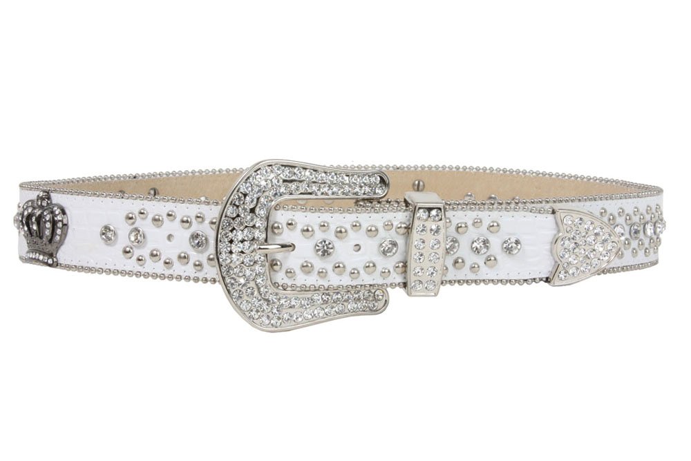 Snap On Rhinestone Crown Silver Circle Studded Genuine Leather Belt Size: L/XL - 39 Color: White
