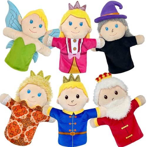 6 PCS Puppet Set 12 Inch, Fairy Tale Members Elf Plush Puppets Toddlers Princess Hand Puppet for Kids Ages,Soft Puppets for Storytelling Teaching Preschool Role Play Puppet Toy for Boy Girls