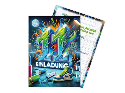 Limonia 12 Einladungskarten zum 11. Kindergeburtstag Graffiti Street Art Motto Feier Fest Einladung Set Geburtstag Mädchen Kinder Jungs Jungen Boys Teenies Unisex