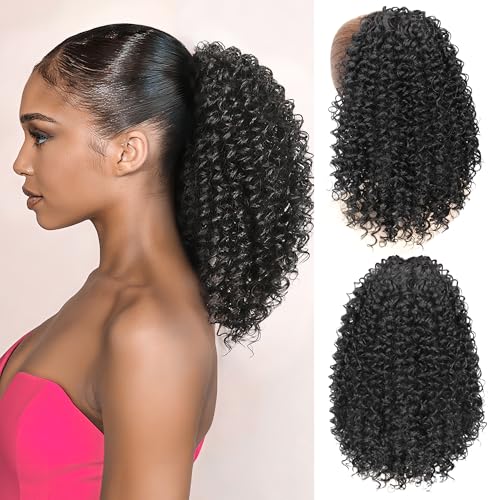 Ponytail For Black Women Drawstring Ponytail Curly Hair Short Ponytail Extension Pony tails Drawstring Hair Pieces Human Hair Feeling For Daily Use (#1B)