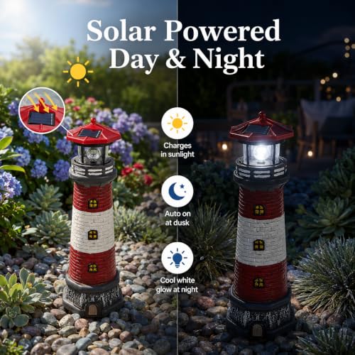 Image of Solar Lighthouse Outdoor Statues, 360 Rotating Beacon Garden Lighthouse, 15 inch Light House for Outside Garden Yard Decor, Waterproof Resin Nautical Figurines for Patio Lawn Landscape Lighting (Red)