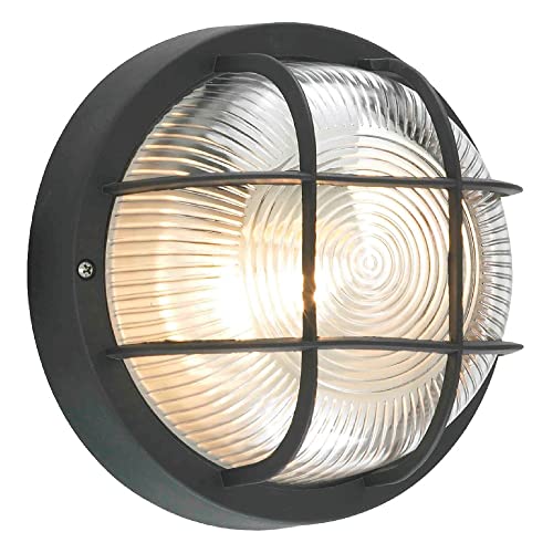 Britalia Black & Ribbed Glass Outdoor Vintage Round Flush Bulkhead Wall Light | 180mm Diameter | IP44 Rated | 1 x ES E27 Lamp Bulb Required | Bathroom Use | UK Approved