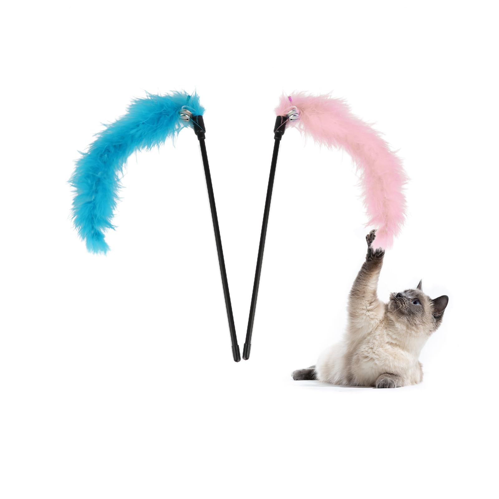 Hypeety Interactive Cat Toys Feather Wand Teaser Cat Wand Feather Rod with Bells for Indoor Cat Kitten Fun Interactive Toys 2pcs (Random Color)