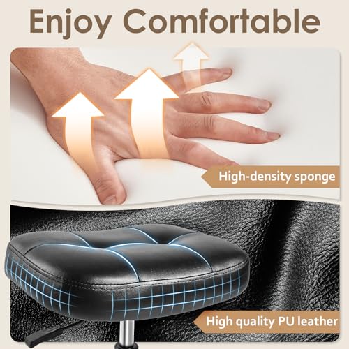 Image of Rolling Stool Wider Rectangular Cushion - Provides a Comfortable, Stable Support Surface with Loop Footrest for Leg Support, Adjustable Stool with Wheels for Salon Tattoo Massage Office Home (Black)
