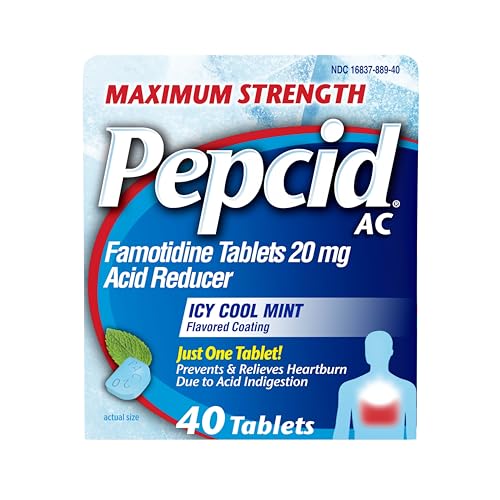 Pepcid AC Maximum Strength Heartburn Relief Tablets OTC Medicine Prevents & Relieves Heartburn & Acid Reflux Due to Acid Indigestion 20mg Famotidine Acid Reducer ICY Cool Mint 40 ct