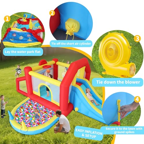 9 in 1 Inflatable Bounce House Kid Trampoline with Tall Slide, Ball Pit Pool, Skill Soccer, Throwing Sandbags Game, for Home Party or Outdoor Ages 3-10 with 520W Blower 190"x138"x76" - Image 7