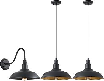 3 Pack1 * Barn Wall Light + 2 * Pendant Dome Light 14 Inch Black Outdoor Barn Light, LM2202