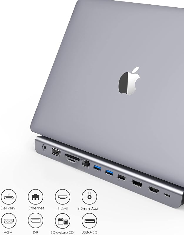 LENTION USB C Hub 4K HDMI, DisplayPort, VGA, 100W PD, Ethernet, Kártyaolvasó - MacBook Pro, Air, iPad Pro, Surface Laptopokhoz (Szürke)