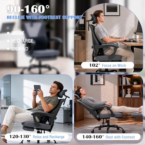 Image of Ergonomic Office Desk Chair with Foot Rest - Adjustable Lumbar Support & Headrest, 90-160 Reclining Mesh Back Computer Chair - Home Office /Gaming for Adults, 400lbs Capacity (Gray)