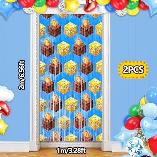 Image of Super Adventure Video Game Party Backdrop, 2 Pcs 3.3 x 6.6 Ft Question Boxes Foil Fringe Curtains Shiny Photo Booth Streamers for Bros Gamer Birthday Party Decorations