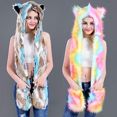 Hat,Women 3 in 1 Furry Animal Hat Scarf Gloves Mittens Multifunctional Rainbow Colorful Plush Hoodie with Paws Ears2