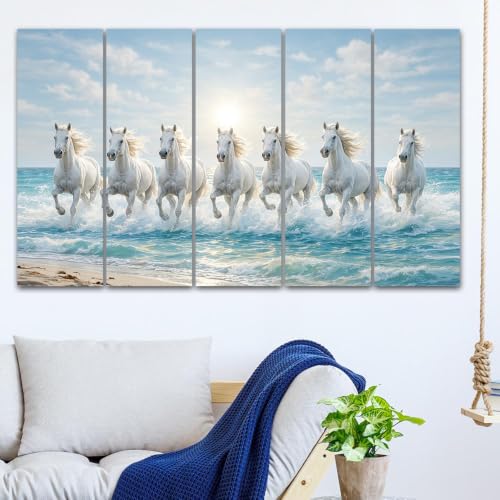 Image of Maxstone 7 Horses Wall Painting for Living Room Big Size - 7 Running Horses Painting Vastu for Bedroom, Office, Hotel - Wall Decor Digital Painting Wooden Framed for Gifting (30x60 inch) M1416