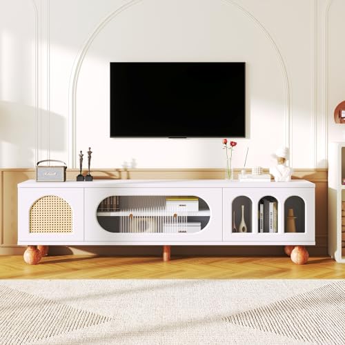 BTM Meuble TV Blanc, Meuble TV avec Porte en rotin, Porte coulissante en Verre, Trois Zones Ouvertes en Arc, lowboard avec poignées dorées et Pieds en Bois...