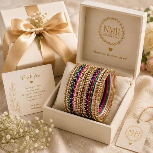 Image of NMII Non-Precious Metal with Base Metal and Zircon Gemstone Studded Ball Chain Linked Glossy Finished Silk thread Bangle set for Women and Girls
