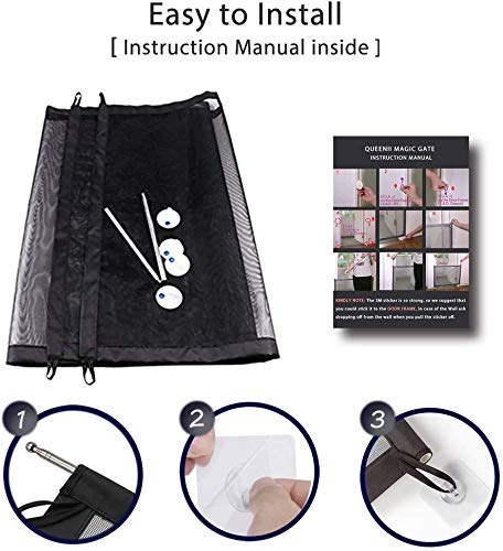 Dog Magic Guard, Upgraded Pet Safety Gate Portable Folding mesh Install Anywhere 70.9x28.3(in) Magic Gate with 8 Sticky Hook, 4 Sets Screw, 1Dog Bone(Black)