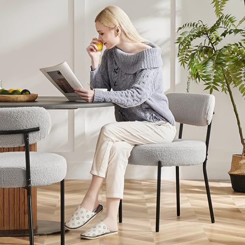 Sweetcrispy Dining Chairs Set of 2, Boucle Upholstered Modern Mid Century Round Kitchen Chairs with Curved Backrest & Metal Legs for Vanity, Living Room - Grey