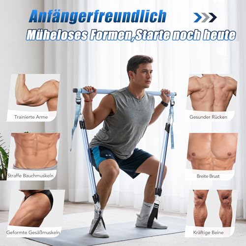ALongSong Fitnessbänder Pilates Bar Set mit 6 Widerstandsbänder 20-180Lbs & Pilates-Stange, Griffe, Türanker für Fitness/Yoga/Kniebeugen/Stretching/Figurformung-Korallenrosa