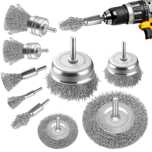 Drahtbürste Set 9-teilig für Bohrmaschine Stahldraht Akkuschrauber mit 1/4-Zoll-Schaftbürste - Drahtbürstenrad Topfbürste und Rohrbürsten-Set zum Reinigen von Rost Entfernen von Farbe und Holz