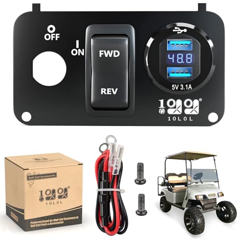 10L0L Golf Cart EZGO Key Switch Console Panel,Include DC 9V-48V Input 3.1A Fast Charge Dual USB Charger Sockets & Digital Voltmeter & Forward Reverse Switch for EZGO TXT & Medalist PDS