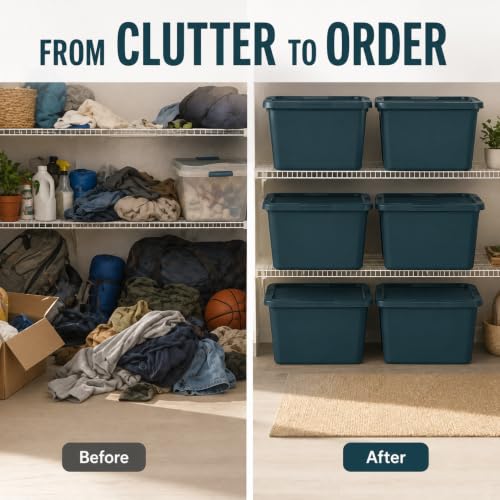 Image of 18 Gal Storage Bin with Snap-On Lid, Stackable Plastic Tote for Home, Teal