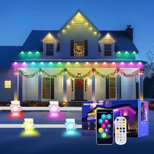 Image of Permanent Outdoor Lights, 200FT RGB LED Smart Eaves Lights with 120 LEDs, IP67 Waterproof, Remote /APP Control, DIY Scene Modes, Music Sync Lighting for Party, House, All Holiday Decorations