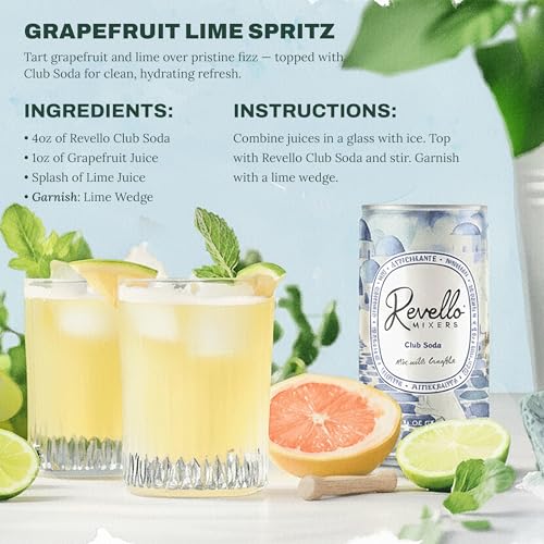 Image of Revello Mixers Club Soda - Mixer Infused with Electrolytes, Antioxidants, Vitamins & Minerals - Low Sugar & Calories - Premium Beverage for Crafted Cocktails & Mocktails - 8 fl oz (Pack of 4)