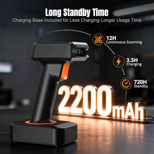 Tera 2D HW006 Barcode-Scanner, kabellos, QR-Code-Scanner mit Bluetooth, Zeitanzeige, Bildschirm, Batteriestandsanzeige Ladestation, Patentnummer 90078251950003