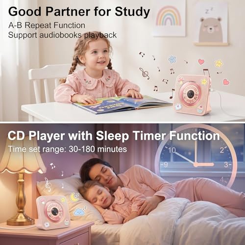 Image of Gueray CD Player Portable Bluetooth Desktop CD Player for Home with Timer Built-in HiFi Speakers with LCD Screen Display Boombox FM Radio USB Type-c (Pink)