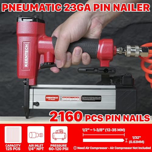 Image of KEENTECH Pneumatic Pin Nailer 23 Gauge, Pin Nail Gun with 2160pcs 1 /2 inch to 1-3 /8 inch Pin Nails, Headless Air Micro Pinner with Dual Safety Trigger for Cabinets, Interior Decoration, Windows, Crafts